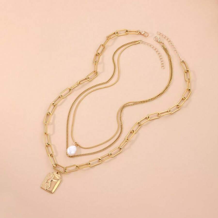 1pc Multi-Layer Heavy Metal Chunky Chain Faux Pearl & Geometric Pendant Necklace - Gold - View 1
