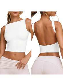 Open Back Tops For Women High Neck Sleeveless Crop Tank Tops Y2k Backless Crop Tops - 白色 - 查看 1