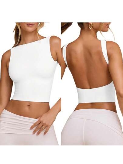 Women's Tank Tops Casual Slim Fit Boat Neck Sleeveless Open Back Solid Color Shirt For Summer