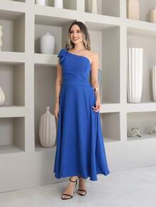 Helena Luxury Dune Linen Midi Dress With Bow On The Sleeve - Royal Blue - View 3