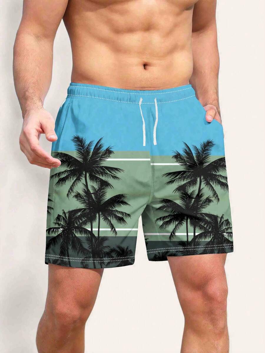 男士休闲时尚 3D 印花海滩度假抽绳腰沙滩短裤 - 藍色 - 查看 1