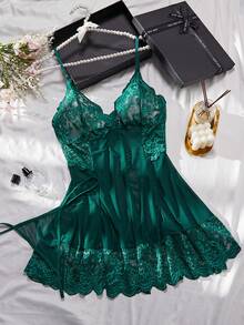 Women Plus Size Lace Patchwork Strap Lingerie Dress Set, Sheer Erotic Design - Green - View 3