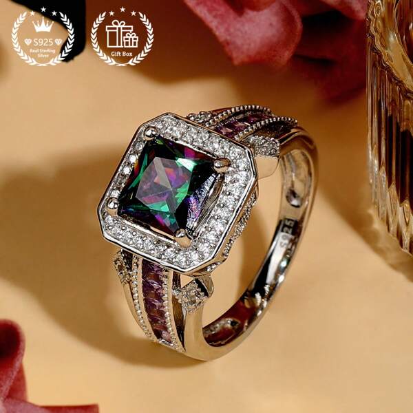 1pc S925 Sterling Silver Luxury Elegant Ring With Square Multicolor Main Stone, Suitable For Wedding, Party, Birthday Gift, Jewelry Gift For Friend, Couple, Mother's Day