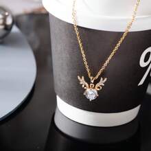 1pc Titanium Steel Micro-Inlay Zirconia Deer Antler Pendant Necklace, Suitable For Daily Wear, Best Gift Choice For Women Jewelry
