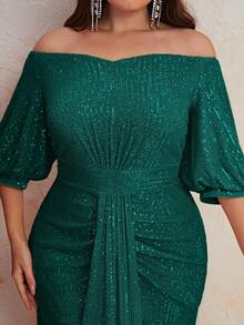 YISIKADO Plus Off Shoulder Puff Sleeve Ruched Sequin Formal Dress - Dark Green - View 7