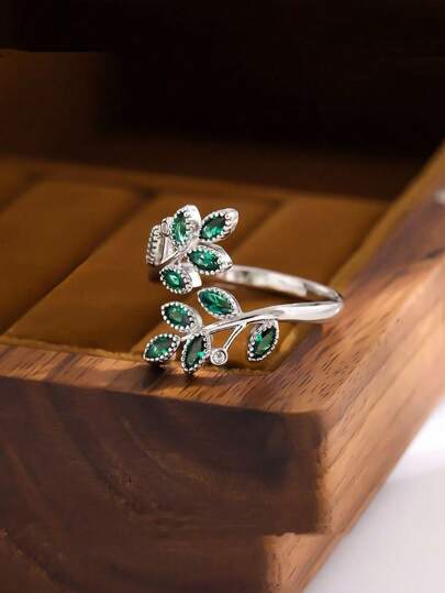 Fashionable Green Rhinestone Personalized Leaf Elegant Creative Open Sterling Silver Ring Valentine's Day Gift