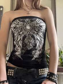 Women's Strapless Tops Vintage Wing Print Slim Fit Crop Tube T-Shirt - Black - View 1