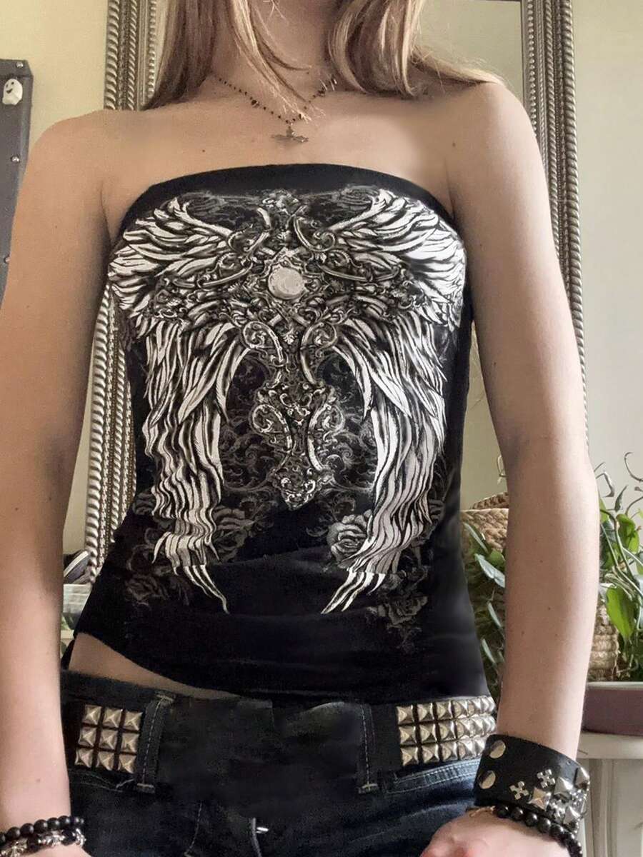 Women's Strapless Tops Vintage Wing Print Slim Fit Crop Tube T-Shirt - Black - View 1