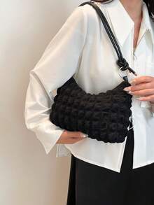 1pc Solid Color Chiffon Polyester Zipper Fashion Crescent Shoulder Bag, Suitable For Women Daily Use - Black - View 5