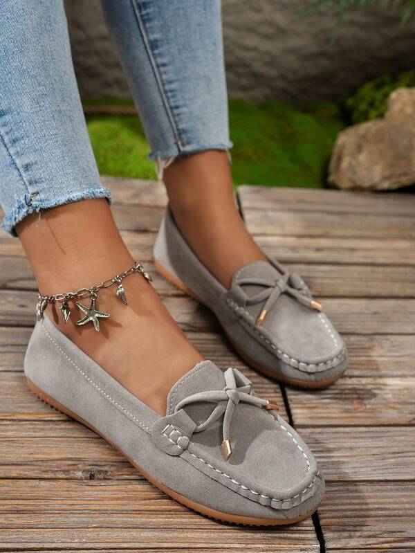 2025 Autumn Women's Fashion Bow Decor Loafers - Low-Top Flats - Spring/Summer New - Comfortable & Versatile - Casual Style - Daily/Office Wear - Bow Design - Flats - Low-Top Shoes - Faux Suede Material