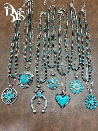 7 件复古波西米亚风格仿珍珠 CCB 串珠/铁链，2 层绿松石锌合金吊坠项链，适合女士/女孩日常佩戴、派对配饰、珠宝、送给家人/朋友/自己的礼物