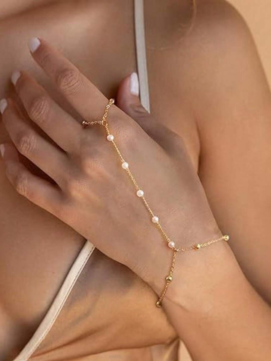 1 pieza Elegante brazalete de cadena para el dedo con perlas de imitación suaves, adecuado para uso diario, banquetes, regalo para la pareja o mamá (longitud y cuentas aleatorias)