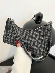 Solid Color Embossed Geometric Shoulder Bag, Zipper Underarm Women's Shoulder Bag, Fashion Retro Zipper Bag, Casual Waterproof Handbag For Teen Girls, Women, College Students, Rookies & White-Collar Workers, Perfect For Office, Work, Business, Commute, Best Work Bag For Women - Black - View 1