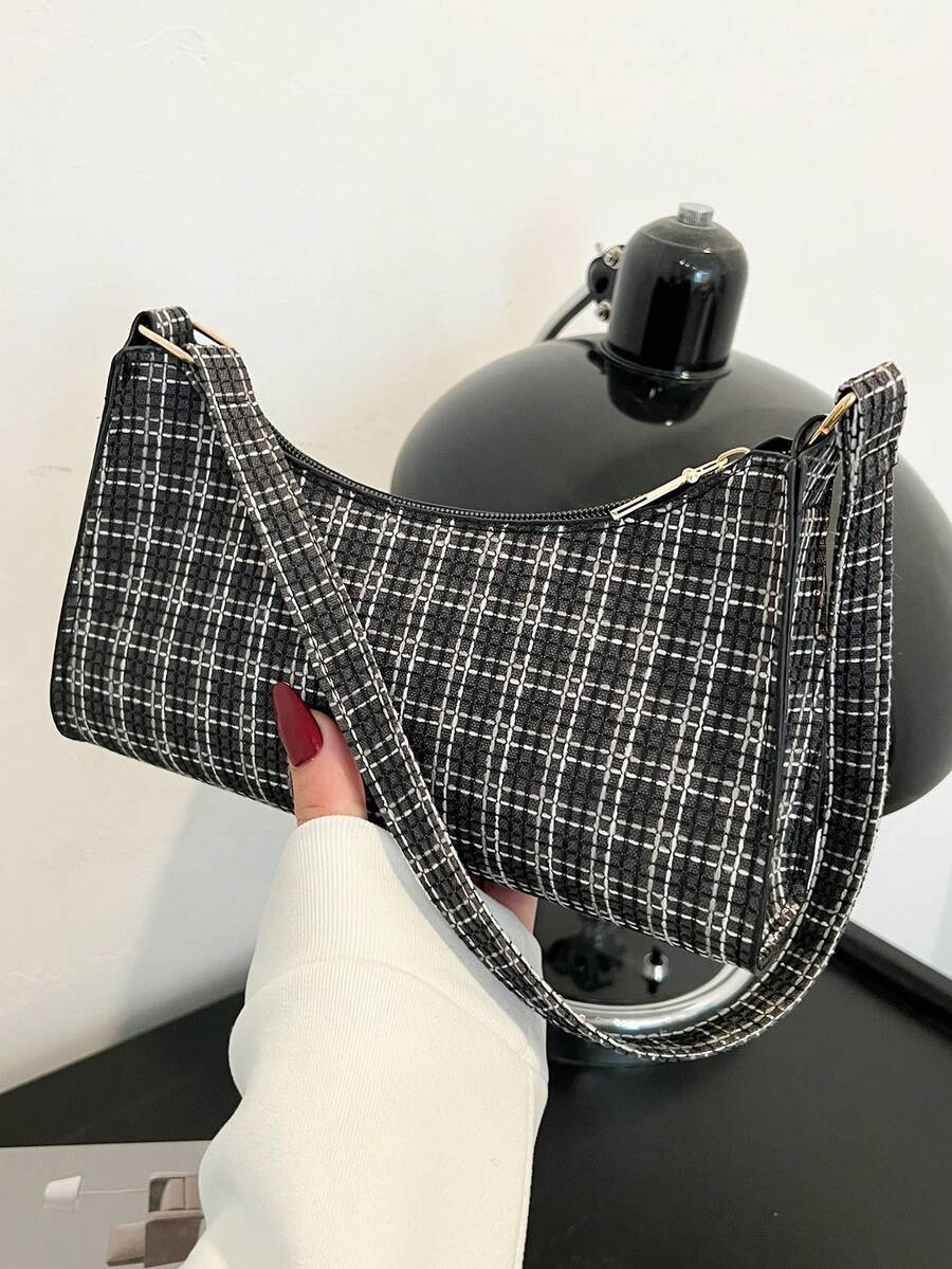 Solid Color Embossed Geometric Shoulder Bag, Zipper Underarm Women's Shoulder Bag, Fashion Retro Zipper Bag, Casual Waterproof Handbag For Teen Girls, Women, College Students, Rookies & White-Collar Workers, Perfect For Office, Work, Business, Commute, Best Work Bag For Women - Black - View 1