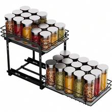 Pull Out Spice Rack, 2-Tier Spice Rack With Adjustable Height, Spice Rack For Inside Cupboard, Metal Kitchen Cupboard Organiser,Storage Rack For Inside Cupboard, 7.2in W X 10.4in L X 9in H - Black - View 5