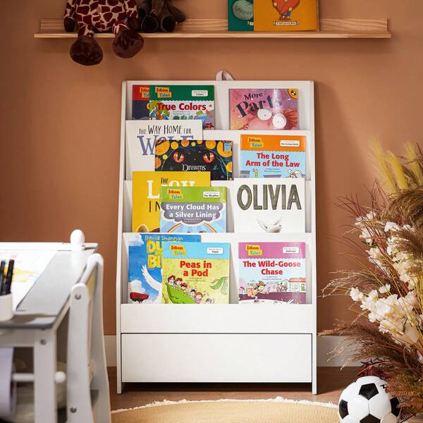 SoBuy Kinderregal mit 4 Ablagefächern Bücherregal Aufbewahrungsregal für Kinder Standregal Weiß BHT ca. 60x93x30cm KMB112-W