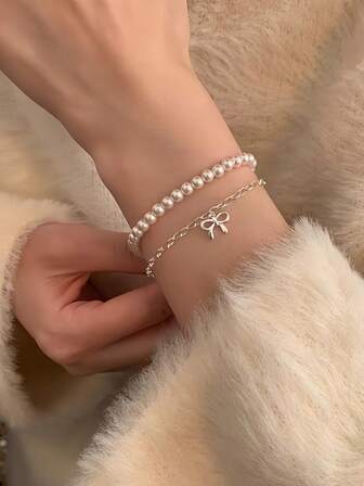 1개 패셔너블한 이중 레이어 리본 비즈 장식 팔찌, 여성의 일상 착용에 적합