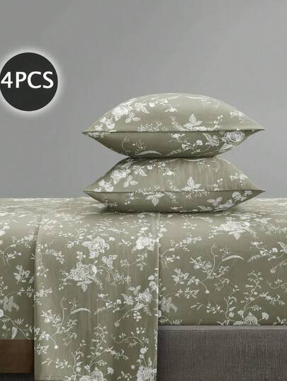 4 件套绿色花园叶花卉图案床单套件易护理超细纤维柔软床上用品套装花卉床笠套件（1 件床单+1 件床笠+2 件枕套）床笠套件特大号双人床尺寸床单深口袋最大 11.8 英寸枕套，柔软透气防皱，更适合睡眠，奢华酒店风格，送给妈妈爸爸朋友的礼物