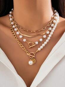 4 pièces Set Collier et Bracelet Chaîne Dorée Élégante Décorés avec Perles Imitation - Bijoux en Métal Polyvalents Conviennent pour un Port Quotidien