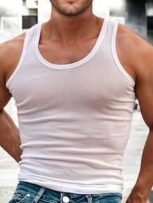 Men's Slim Fit Crew Neck Cold Shoulder Gym Tank Top - 白色 - 查看 2