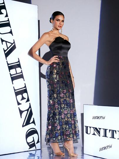 Fuaheng Women's [Random Print] Tube Top Three - Dimensional Flower Back Straps Design Sequin Contrast Mesh Fabric Evening Dress