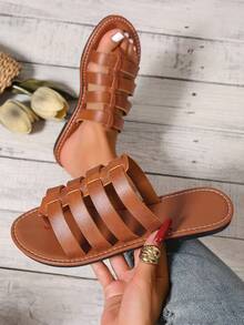 Sandalias romanas tejidas de verano para mujeres, pantuflas planas casuales, chanclas para exteriores para la playa, combinan con vestidos, estilo francés de moda - Marrón - Ver 6
