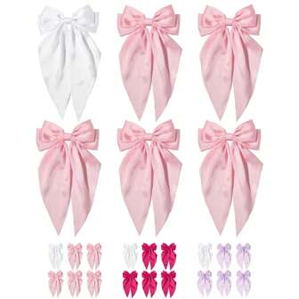 6pcs Bride Bridesmaid Hair Bows Clips For Women,Large Satin Hair Bows Long-Tail Alligator Clips Big Hair Bow Hair Accessories Pink Hot Pink White Hair Bows For Wedding Party Headdress Favors