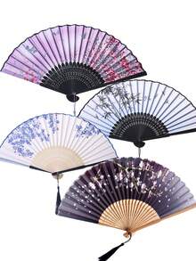 4 piezas Abanico de mano plegable, abanico de mano de material de seda para fiesta, boda, regalo, decoración de pared