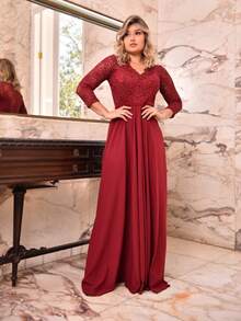Vestido Feminino Longo Manga 3/4 Slim Renda Saia Cor Lisa Moda Elegante Baile Festa Casamento - Marsala - Visão 2
