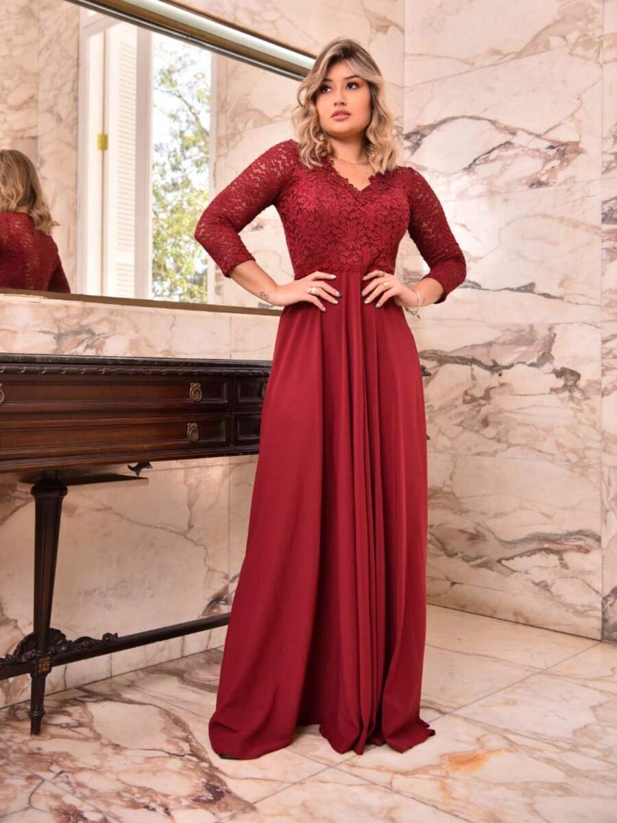Vestido Feminino Longo Manga 3/4 Slim Renda Saia Cor Lisa Moda Elegante Baile Festa Casamento