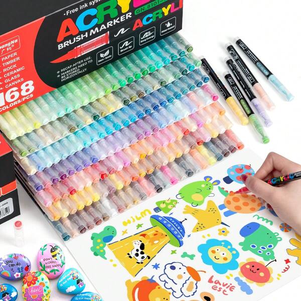 240/200/168 Colors Acrylic Felt, Large Capacity Direct Liquid Acrylic Marker Pens, Soft Brush Tip Art Drawing Pens, Even Color Blending, Stackable, Odorless, Suitable For Textiles, Canvas, Rocks, Glass, Wood, Paper, DIY Crafts, School And Art Supplies Back To School
