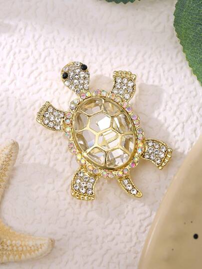 1pc Fancy Crystal Studded Turtle Brooch, Luxury Alloy Ocean Animal Pin For Suit Jacket, Party And Gift, Adorned With Cubic Zirconia And Diamonds