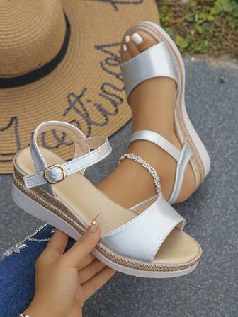 夏季时尚后带白色舒适老年女士厚底坡跟凉鞋编织蓝色牛仔布黑色黑底