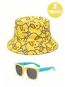 2 peças de boné de beisebol amarelo fofo e casual e óculos dobráveis para adolescentes, adequados para passeios diários, férias na praia ao ar livre, sombreamento e proteção solar