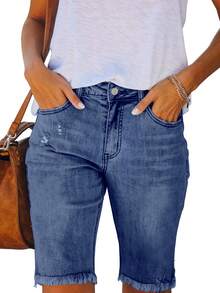Necooer Women Jean Shorts Ripped Casual Summer Mid Waist Stretchy Five Points Denim Jean Shorts - Xanh lam - 2 - Xem 1