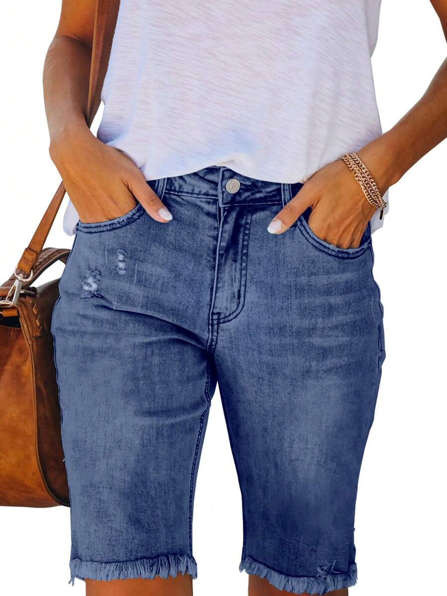 Necooer Women Jean Shorts Ripped Casual Summer Mid Waist Stretchy Five Points Denim Jean Shorts - Xanh lam - 2 - Xem 1