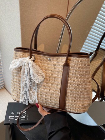 1 件夏季草编手提包，大容量休闲度假沙滩包，卡其色，适合购物、度假、海滩（附围巾）