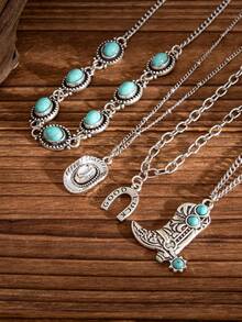 3pcs/4pcs Set Bohemian Style Faux Turquoise Inlaid Cowboy Boots, Cowboy Hat, Bull Head Pendant Necklace, Luxurious Versatile Wedding/Party Necklace Gift For Women - Necklace - View 10