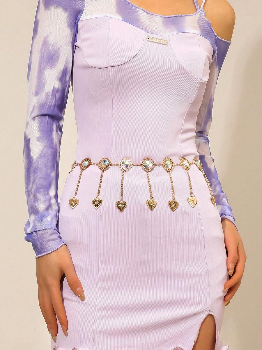 1 件女士奢华水晶花卉几何金属腰链，适合派对礼服、礼服、日常服装装饰 - 百搭腰带