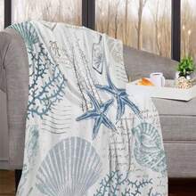 1pc Vintage Nautical-Style Starfish & Shell Plush Blanket - Comfortable Lightweight Polyester Blanket In Blue & Cyan Color With Coral Reef Pattern, Hypoallergenic, Machine Washable, Suitable For All Seasons, Great For Sofa, Bed, Beach House Decor - Multicolor - View 5