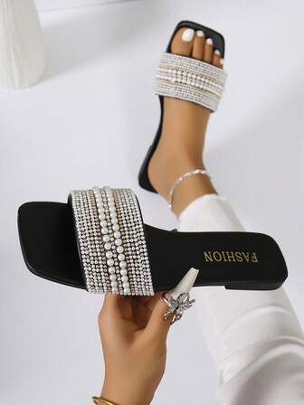 Women Summer New Faux Pearl & Rhinestone Decoration Open Toe Flat Slides Sandals, Solid Color Strap Casual Fashion Mule Shoes