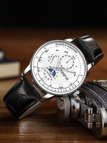 GUANQIN 1pc GUANQIN Luminous Watch With Weekly Month Calendar Multi-Functional Moon Phase Dial 24 Hour Display Wear-Resistant Comfortable PU Leather Strap Fashion Business Luxury Sporty Classic Simple Casual Mechanical Style Men Automatic Quartz Watch Suitable For Father's Day,Festivals,Dating,Business, Daily,Gifts