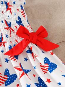 1pc Girls Casual Independence Day Holiday Heart & Star Print + 3D Bow Decor One-Piece Dress, Outdoor, Spring/Summer - White - View 5