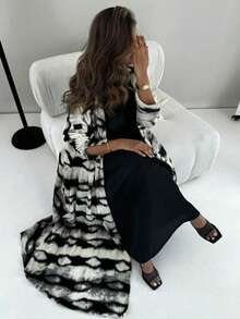 1pc Solid Color Elegant Casual Polyester Robe, Meticulously Crafted Fabric With Fine Workmanship, Graceful And Stylish Abaya, Modest Kaftan - Black and White - View 6