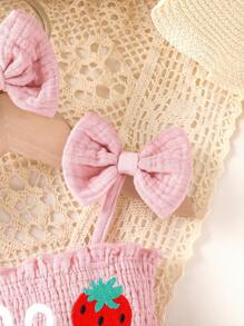 2pcs/Set Baby Girls' Casual Cute Elegant Sweet Cotton Letter & Strawberry Embroidery Ruffle Bow Strap Matching Strawberry Print Mesh Romper Dress With Headband Set, Soft Breathable Infant Girl Clothing, Newborn Birthday Outfit, Suitable For Daily, Vacation, Party, Photo Shoot