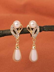 European And American Fashion Full Drill Water Drop Shape Pearl Clip-On Earrings And Earring Set For Women's Party, Bridal Earrings In Gold And Silver, Sold As Pair - Gold - View 9