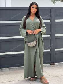 1 pieza Abaya larga con cuello en V y corbata frontal para mujer, bata ajustada con cinturón de moda casual, bata larga de un solo color, hecha de tela de lino de alta calidad, suave y humilde, adecuada para uso diario, Kaftán modesto