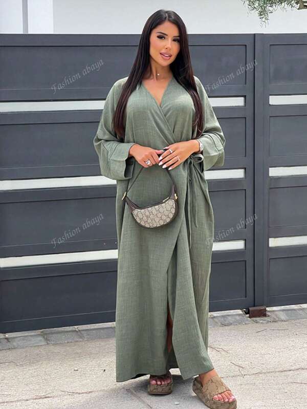 1 pieza Abaya larga con cuello en V y corbata frontal para mujer, bata ajustada con cinturón de moda casual, bata larga de un solo color, hecha de tela de lino de alta calidad, suave y humilde, adecuada para uso diario, Kaftán modesto