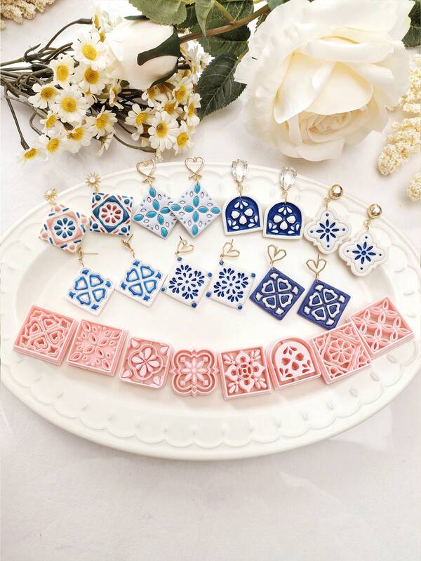 Moldes de corte de arcilla de la serie "Cerámica azul y blanca" de estilo clásico chino tradicional para hacer pendientes y joyas DIY - Suministros de manualidades - Para fabricantes de joyas y artesanos - Regalo perfecto para entusiastas del DIY