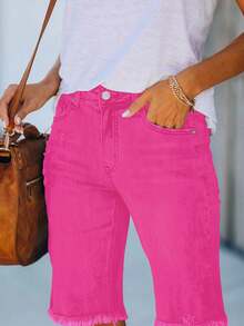 Necooer Women Jean Shorts Ripped Casual Summer Mid Waist Stretchy Five Points Denim Jean Shorts - 玫紅色-2 - 查看 2